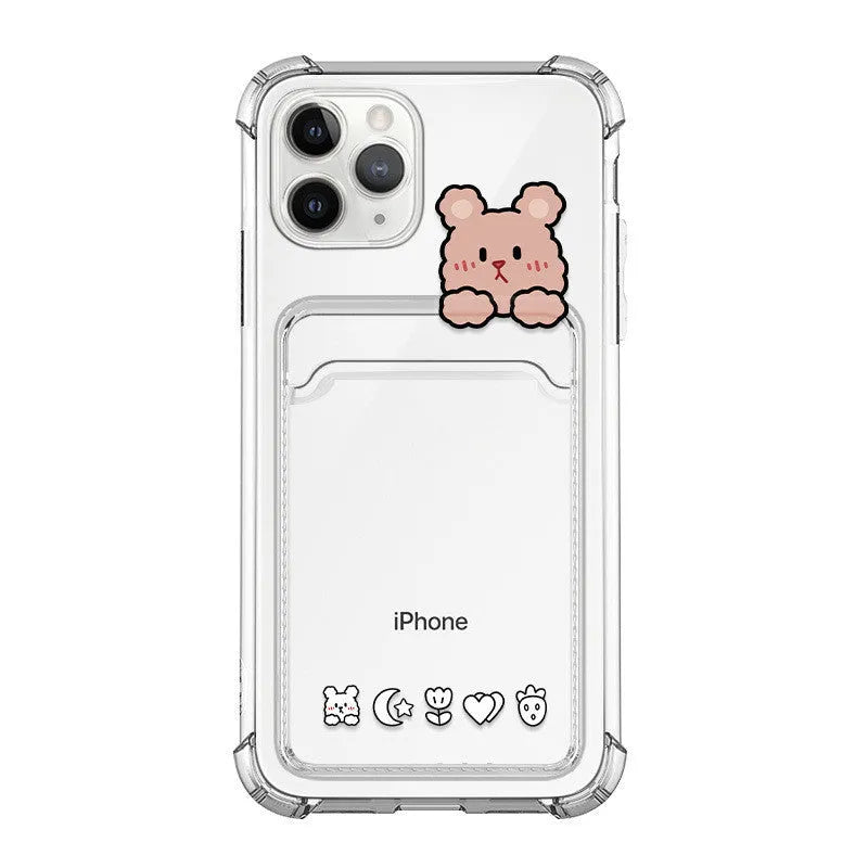 Cartoon design transparent TPU iPhone case with built-in card holder slot on the back.