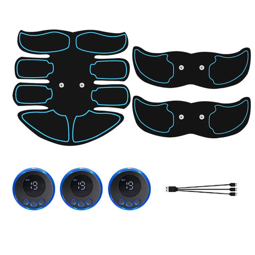 Abdominal muscle stimulator patch set with digital display and blue, red, yellow edge colour options