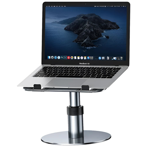 Silver adjustable car laptop stand with height settings and rotating base on a car seat.