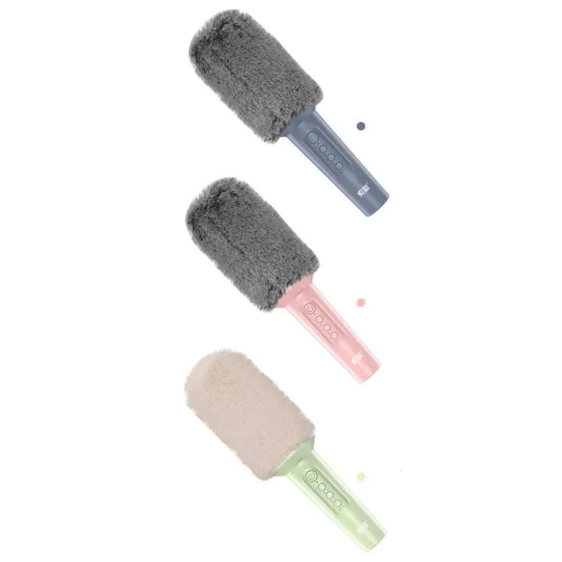 A wireless Bluetooth karaoke microphone shown in three colour options: girly pink, sapphire blue, and mint green.