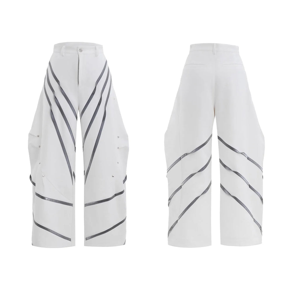 Men's black trousers with metal striped rivet pleats and three-dimensional cutting detail