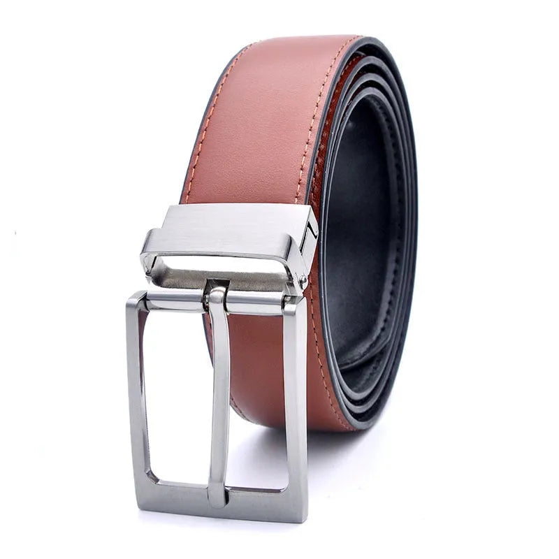 Men's brown and black genuine leather casual belt with rotating pin buckle showing length sizing options