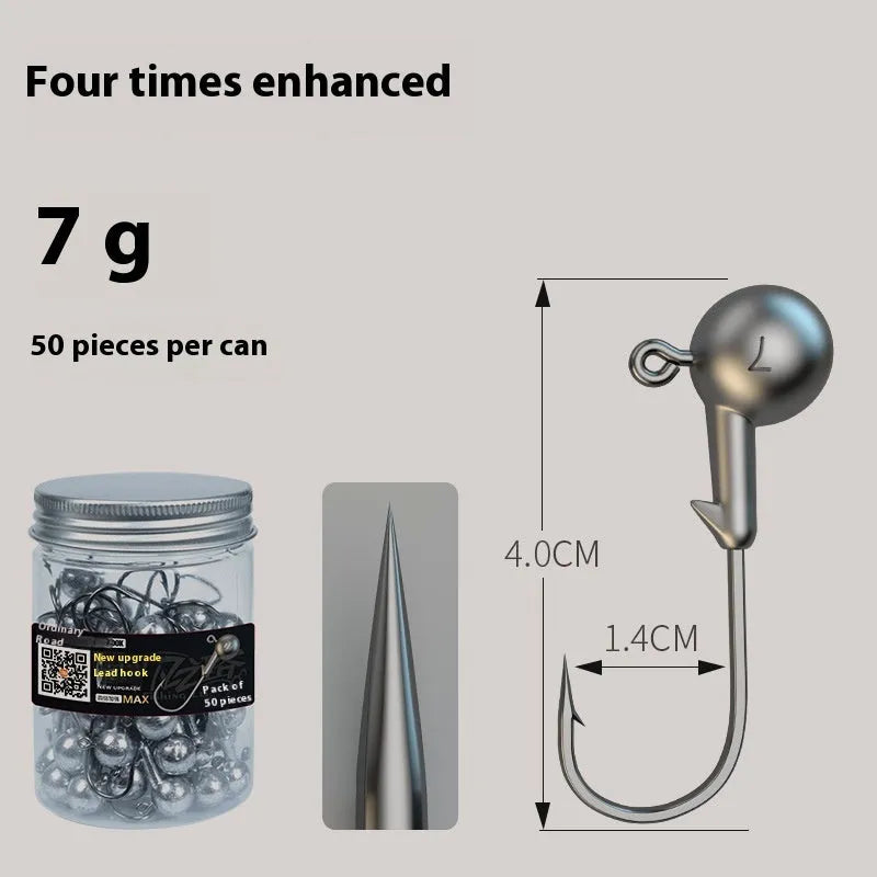 Set of 50 enhanced jig hooks with 4 times strengthened construction including blood trough designs