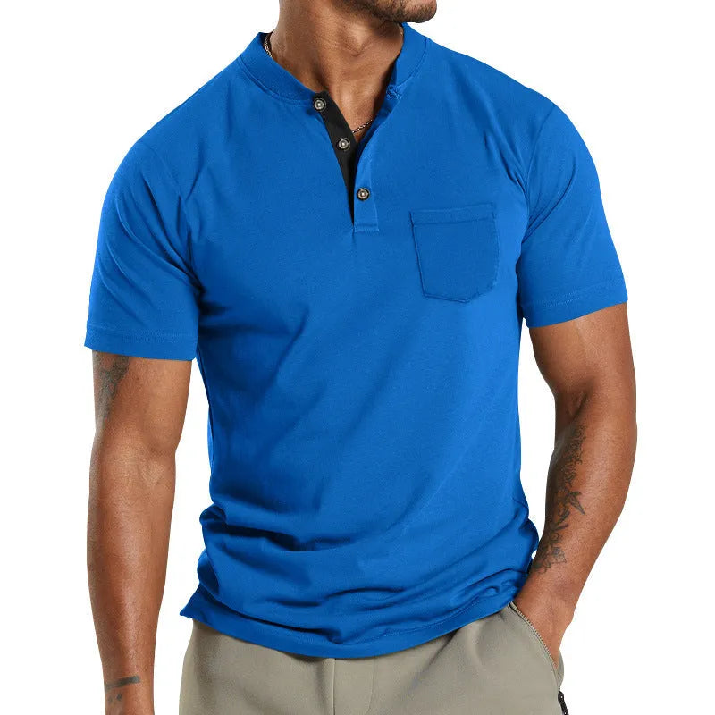 A man wearing a solid-colour plus size short sleeve button-up shirt with a chest pocket.