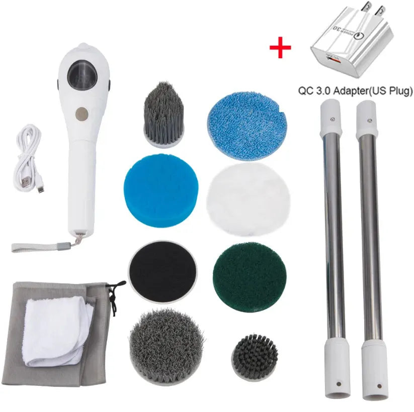 White rechargeable handheld cleaning brush with multiple plug options