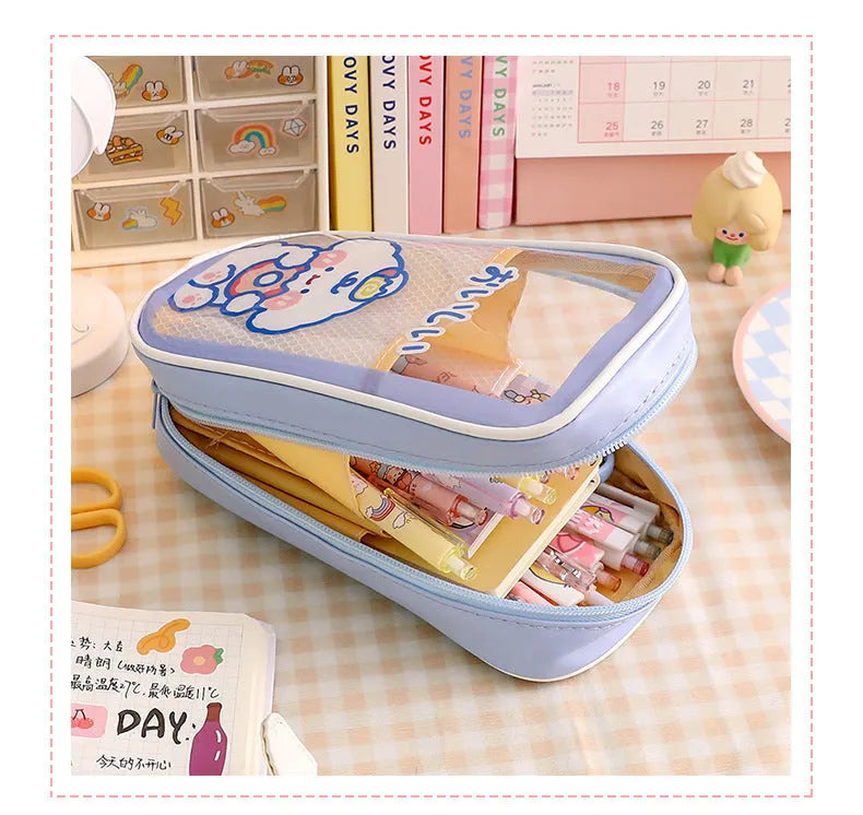 Transparent PVC pencil case with Korean cartoon pattern in vertical orientation