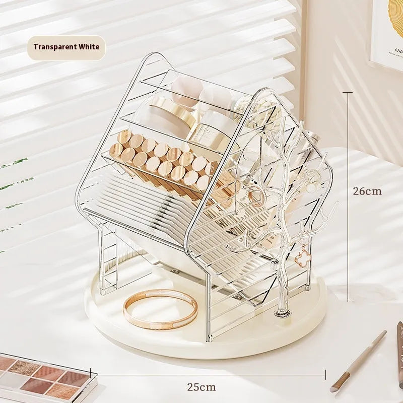 360 degree rotating plastic cosmetics storage box in Amber Gold and Clear colours for vanity organisation