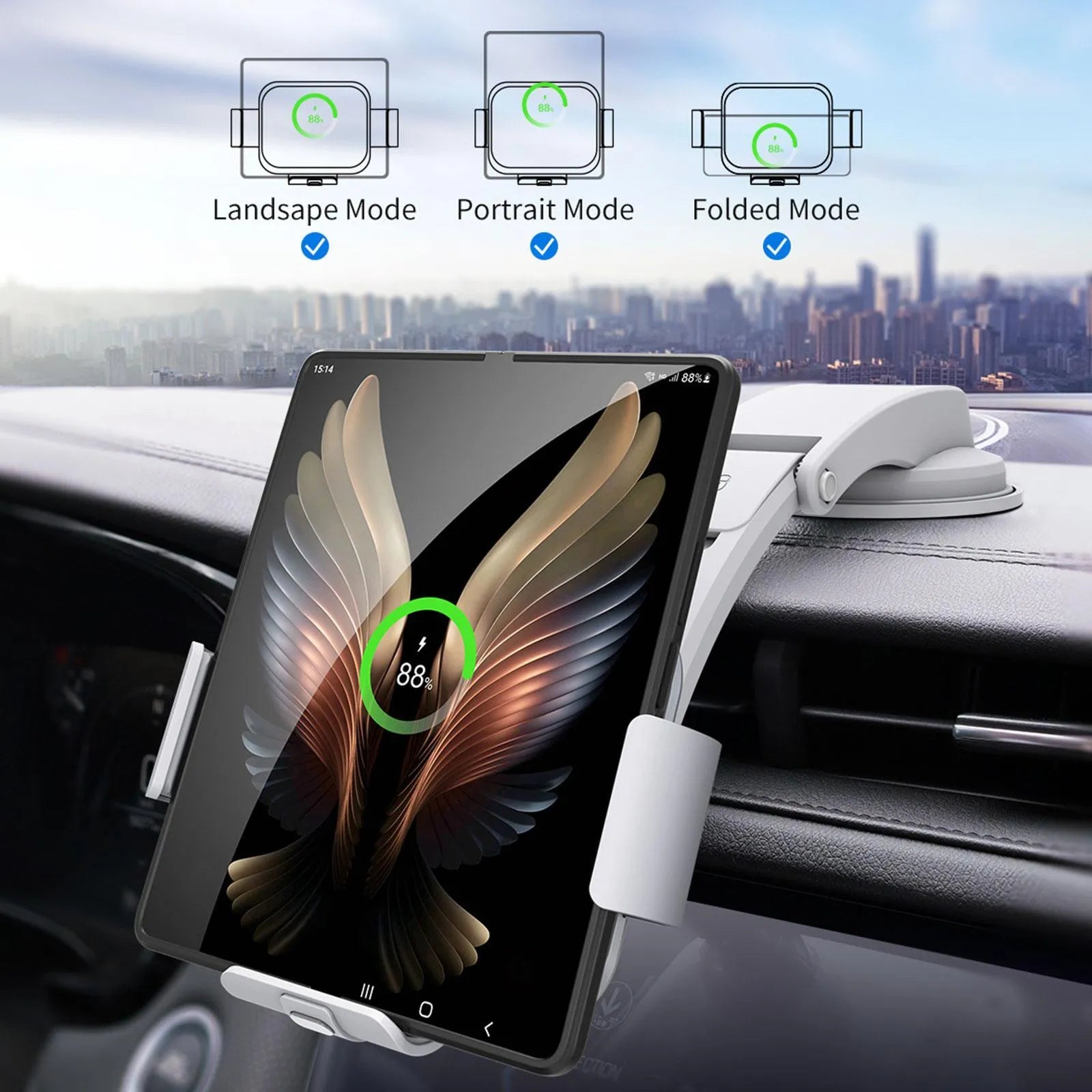 Grey and white car wireless charging phone bracket with folding screen, air vent clip, and suction cup mount.