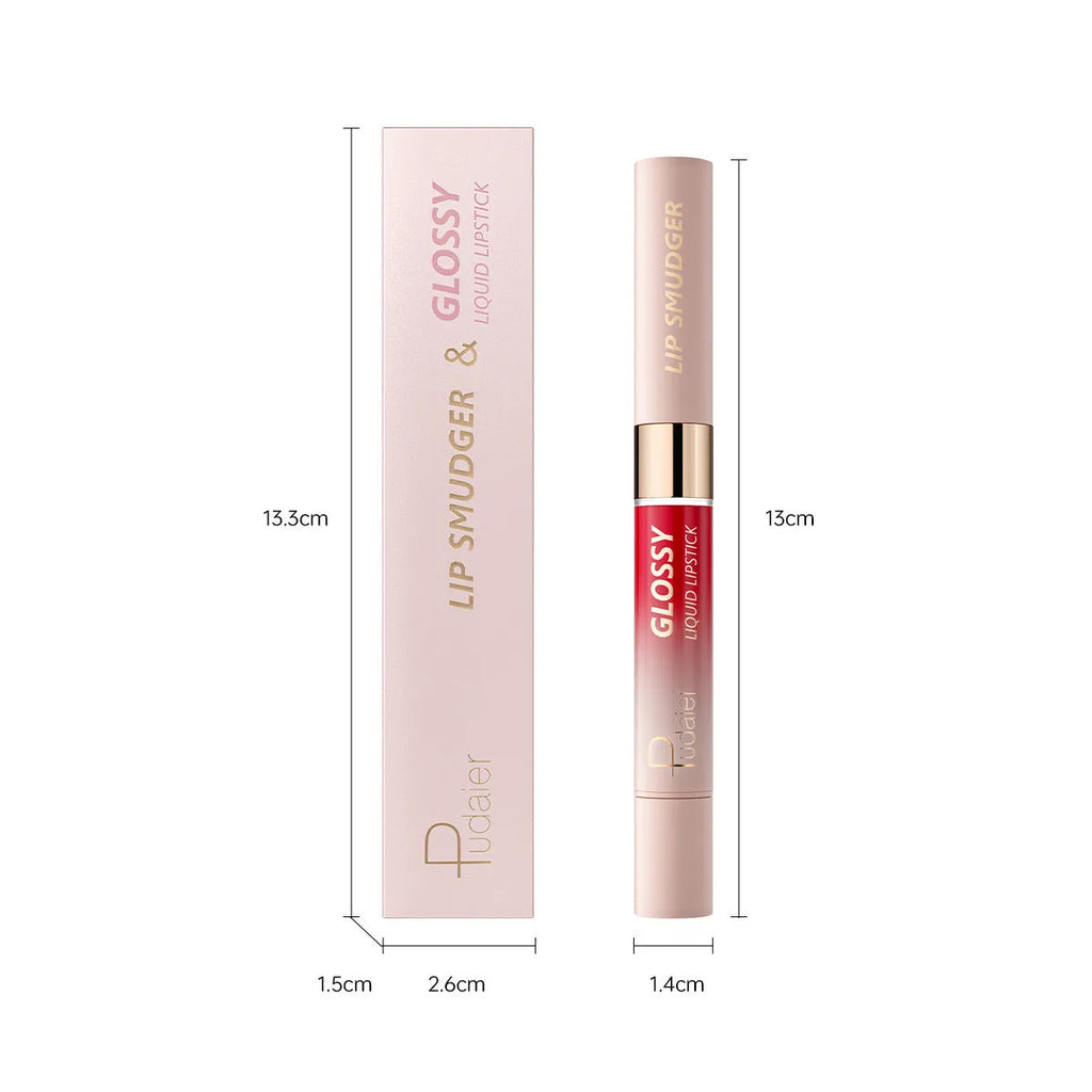 Double-headed lipstick and lip gloss product showing matte and glossy ends in one of ten available colours