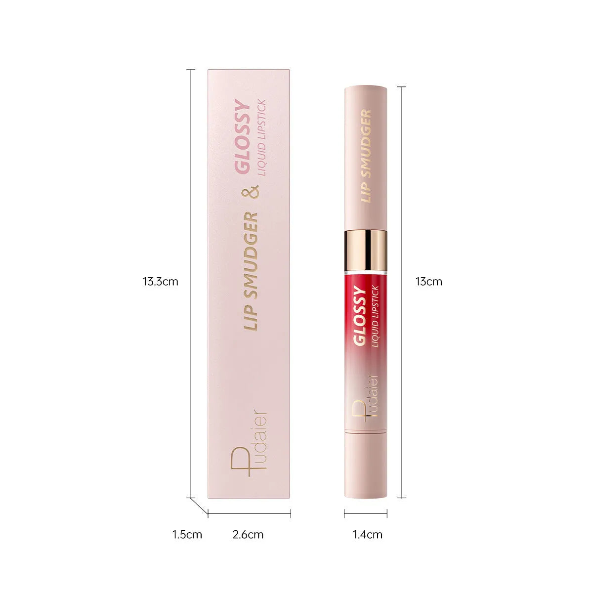 Double-headed lipstick and lip gloss product showing matte and glossy ends in one of ten available colours
