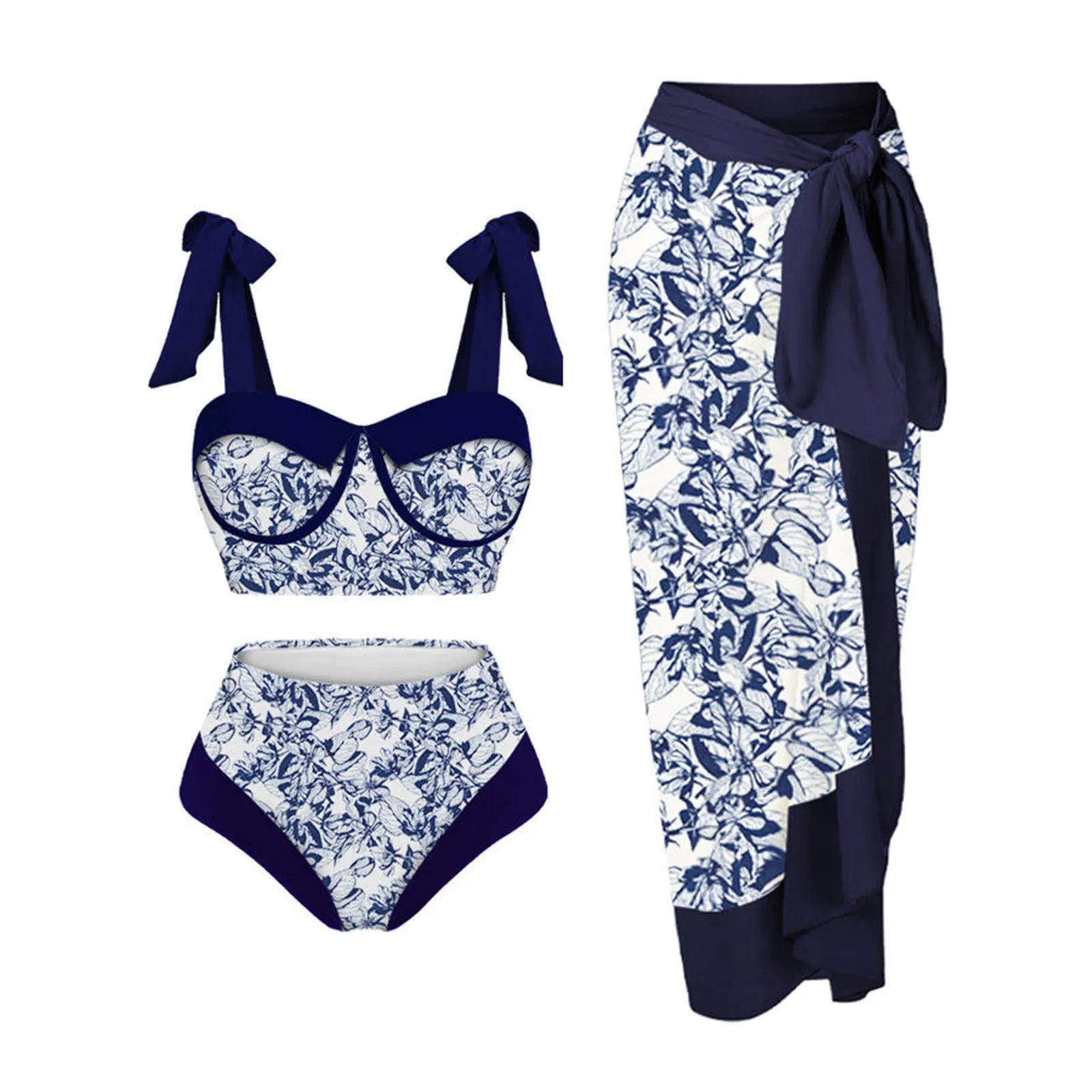 Women's pink printing split swimsuit three-piece set with skirt, bra, and panties.