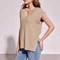 V-neck sleeveless pullover vest in camel viscose fibre with loose fit and fold detailing