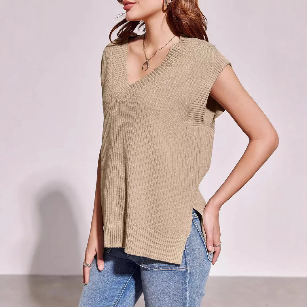 V-neck sleeveless pullover vest in camel viscose fibre with loose fit and fold detailing