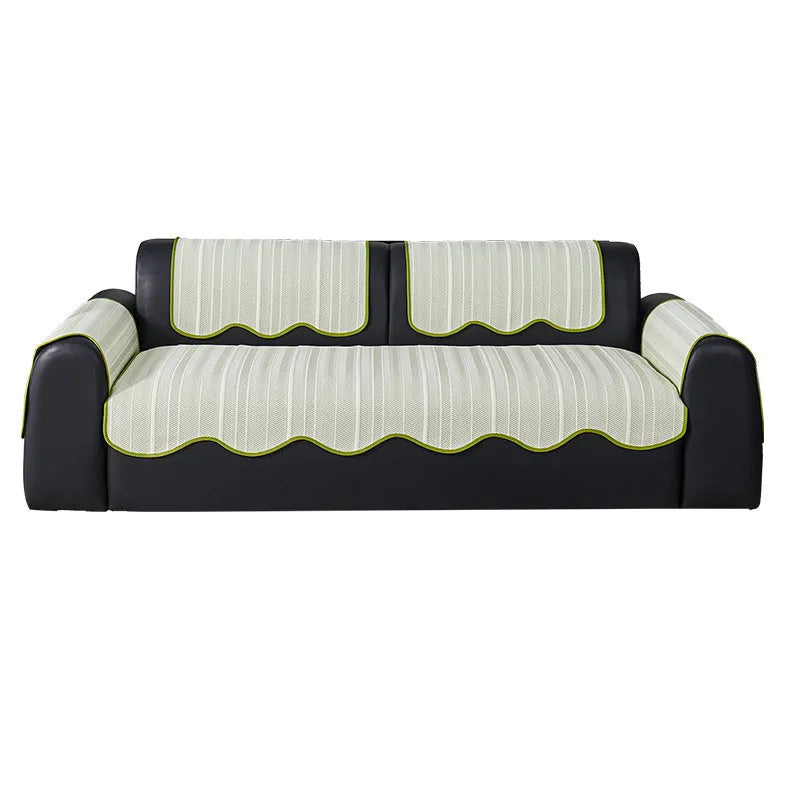 Special-shaped ice silk sofa cover with straight row mat construction and non-slip cushion in jelly green pattern