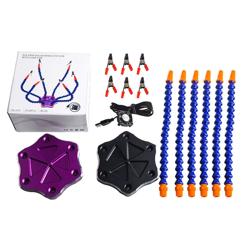 Black and purple aluminium six-jaw welding station with multiple adjustable arms for model repair soldering