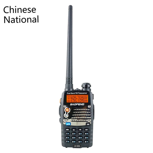 Baofeng UV-5RA black handheld dual-band two-way radio with antenna and dual display screen.