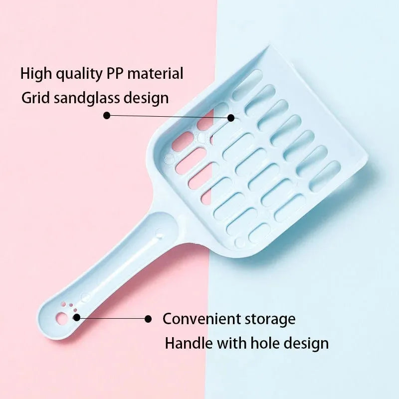 Plastic cat litter scoop in blue, green, or pink colour, showing 20cm length