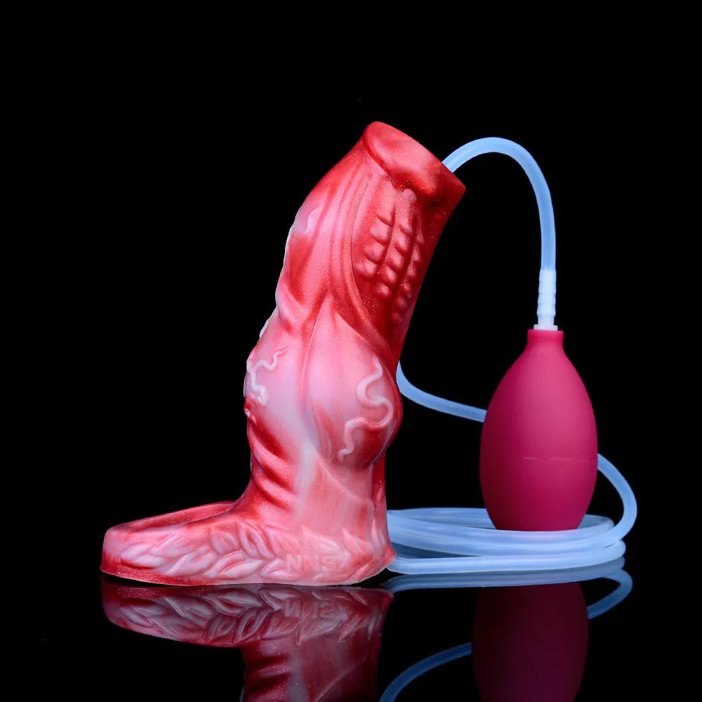 Manual water spray silicone exotic condom toy for adults with syringe and airbag, shown in M and L sizes.