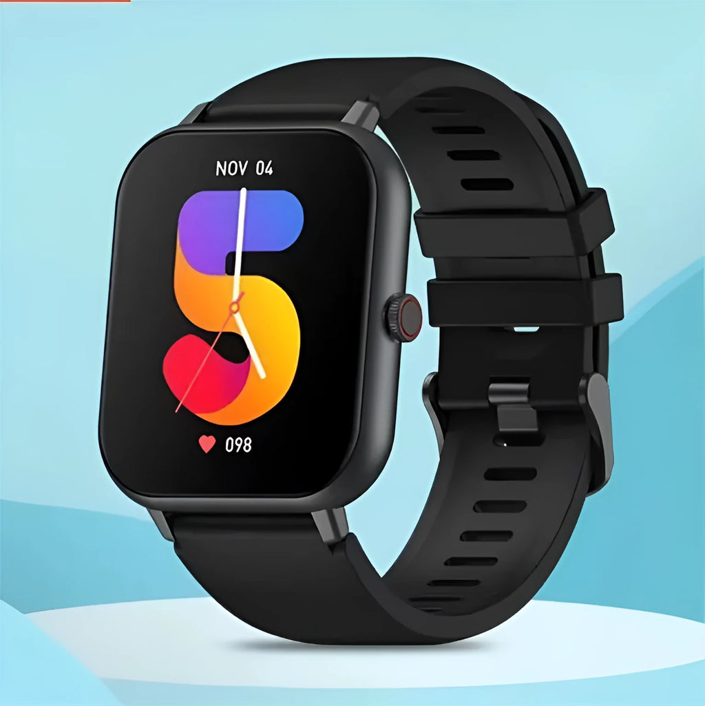 One-Click Link AI Voice Heart Rate Smart Watch in black, silver, pink, and khaki on wrist.