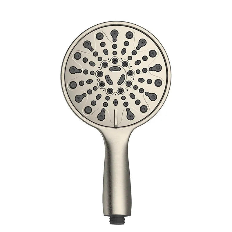 Silver electroplated handheld shower head with six functions including massage and rain settings.
