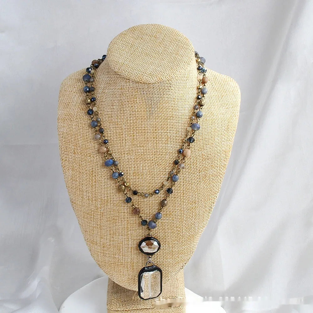 Tribal style two-layer necklace with stone and glass pendant on adjustable chain