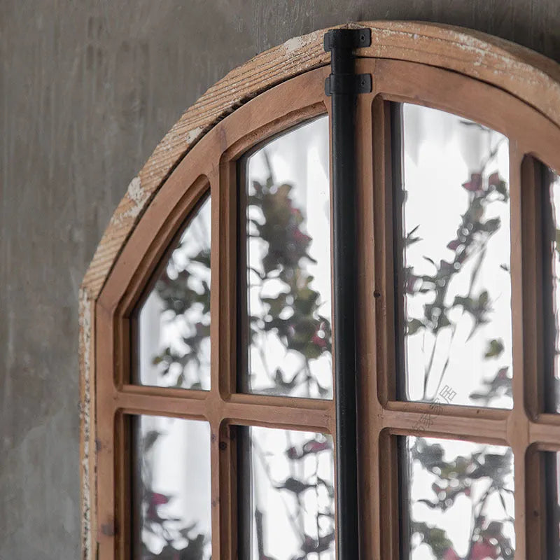 Distressed wooden frame fake window wall mirror with decorative glass panels in log colour finish