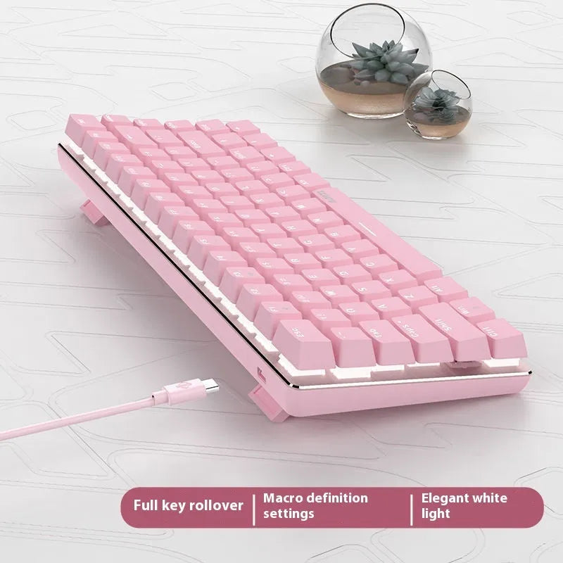 Pink mechanical keyboard with 82 keys and white backlight illumination on metal frame
