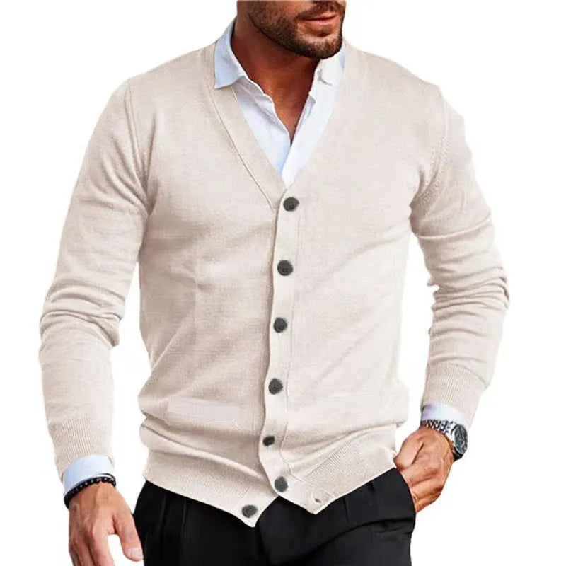 Men's slim fit acrylic cardigan sweater coat in various colours on a size chart background.