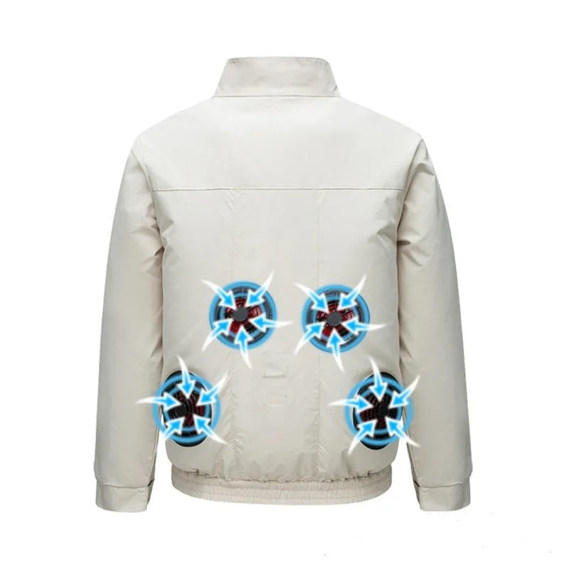 Men's black smart air conditioning outdoor work jacket with built-in cooling fan system and multiple ventilation holes.