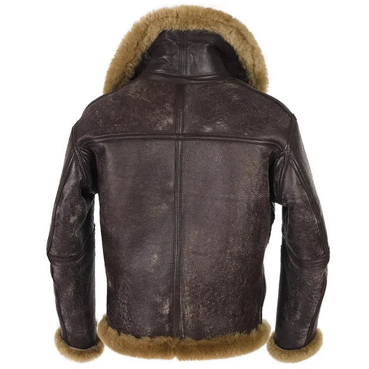 Brown synthetic leather retro fur coat for men with 65cm length and side pockets