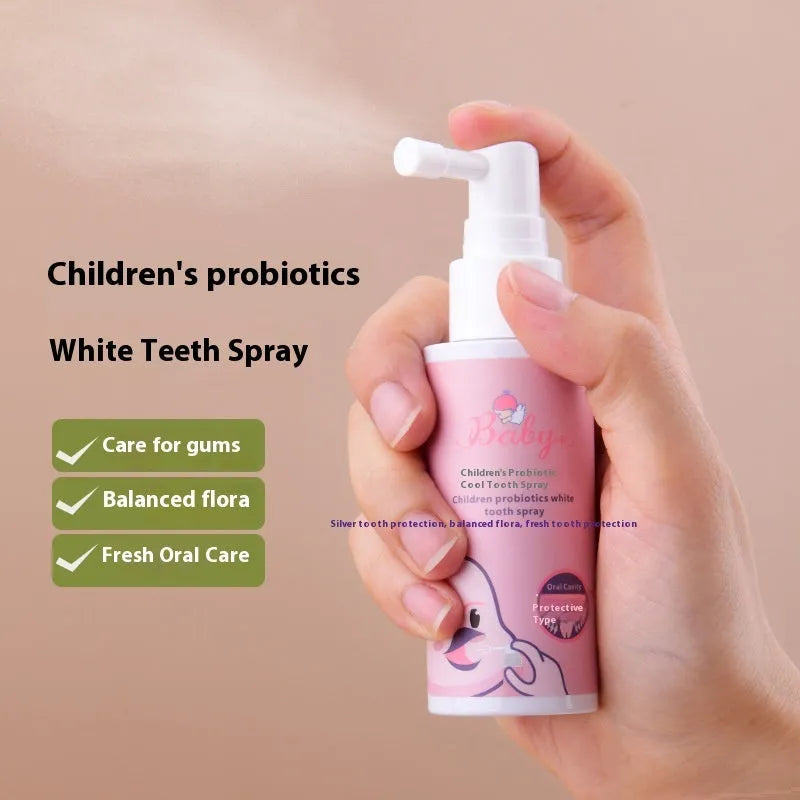 Children's probiotic oral spray bottle for teeth cleaning and cavity prevention in strawberry and orange flavours