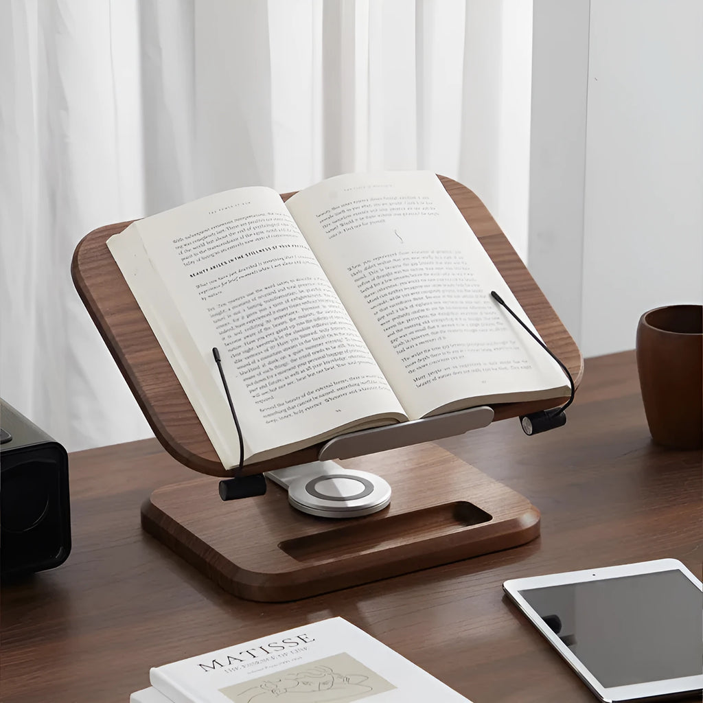 Walnut wood adjustable reading rack holding a book and tablet on rotating mechanism