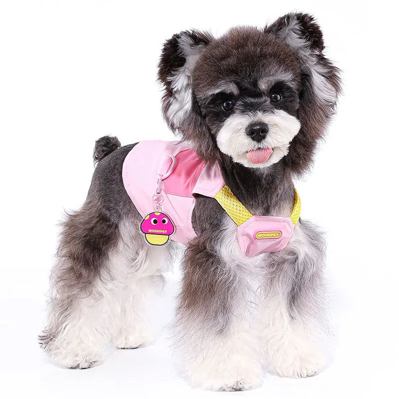 Pink polyester pet vest for small dog breeds on mannequin showing adjustable chest closure