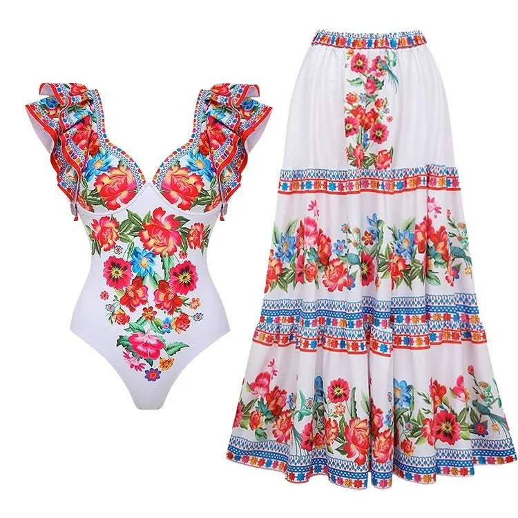 Women's one-piece polyester swimsuit in printed rose pink or blue with optional skirt design