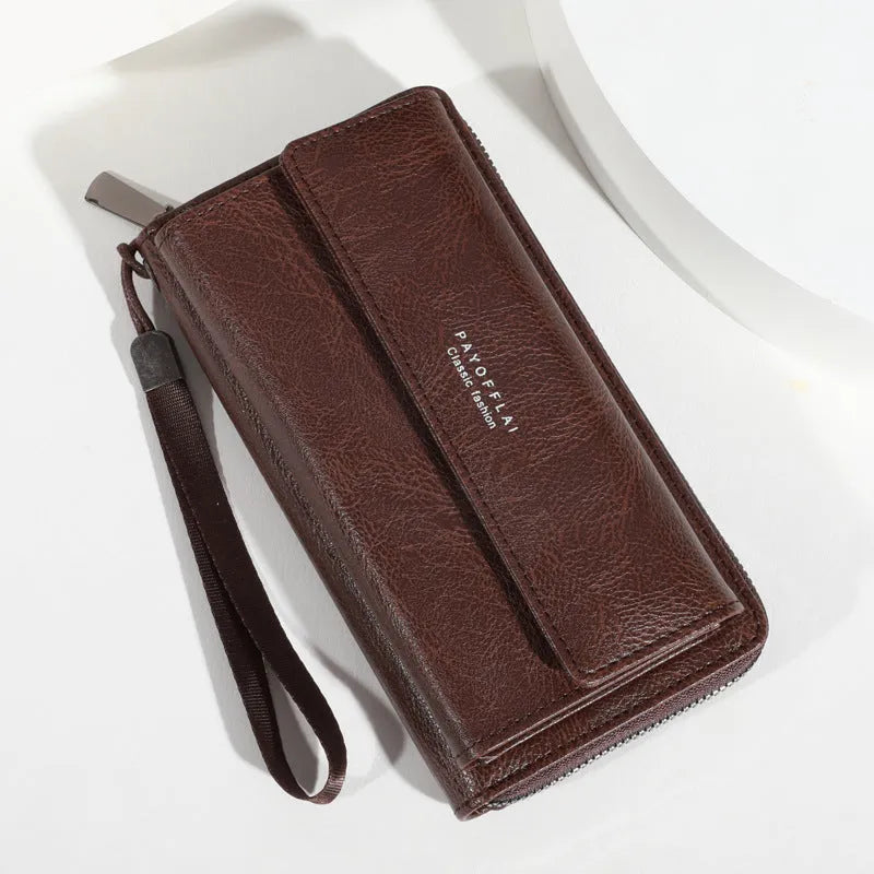 Long men's bifold wallet in PU leather showing multiple card slots and compartments.
