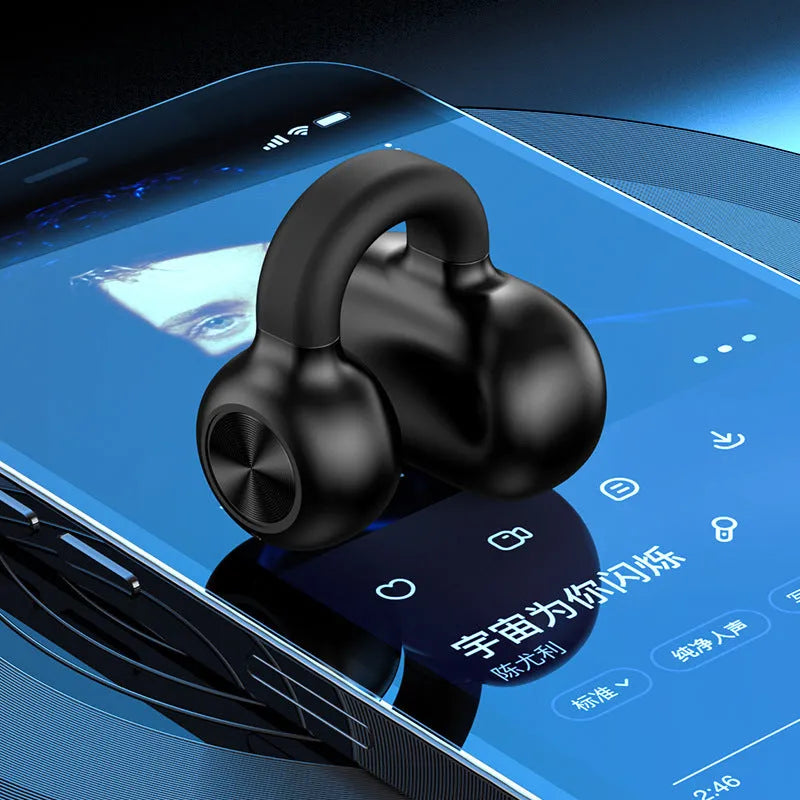 Black wireless Bluetooth clip-on headset with bone conduction technology for exercise