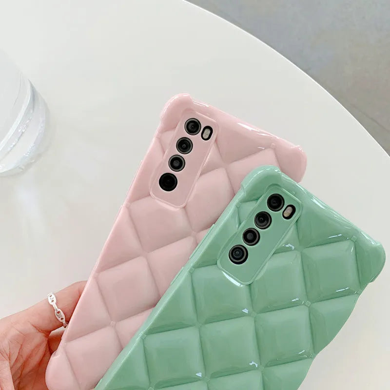 Silicone diamond pattern phone case for Huawei models in black, green, pink or white.