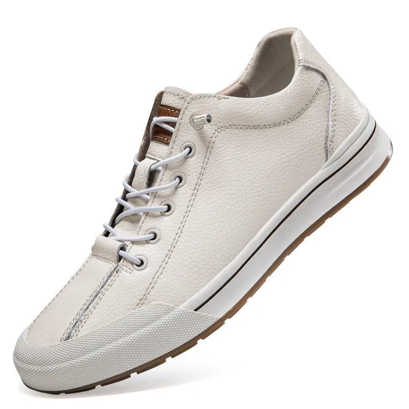 Men's white and black matte leather casual shoes with flat heel and round toe, shown in various colour and lining options.