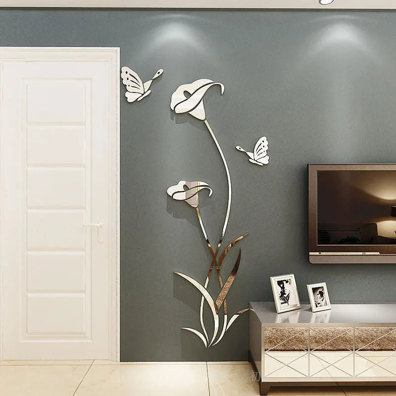 Lily flower 3D acrylic wall sticker in pink colour with dimensional stereo design