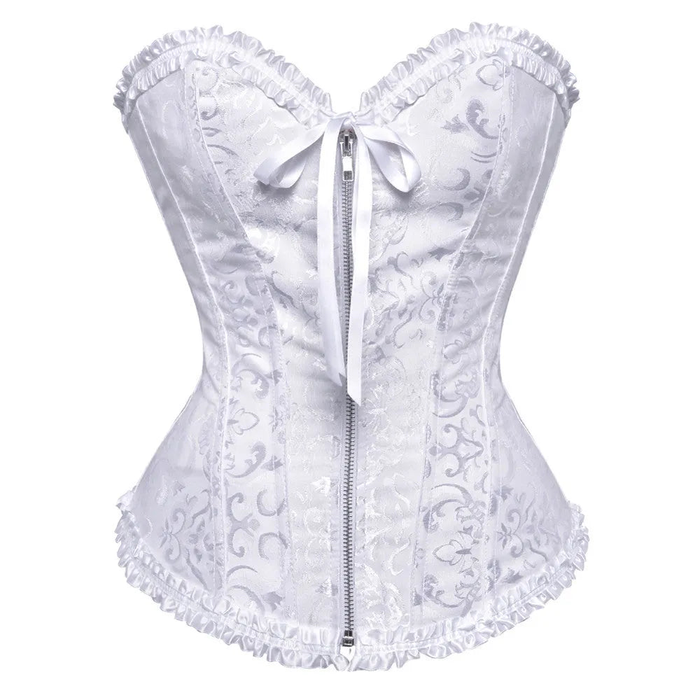 Court women's zipper-front jacquard corset in spandex fabric for waist support and shaping