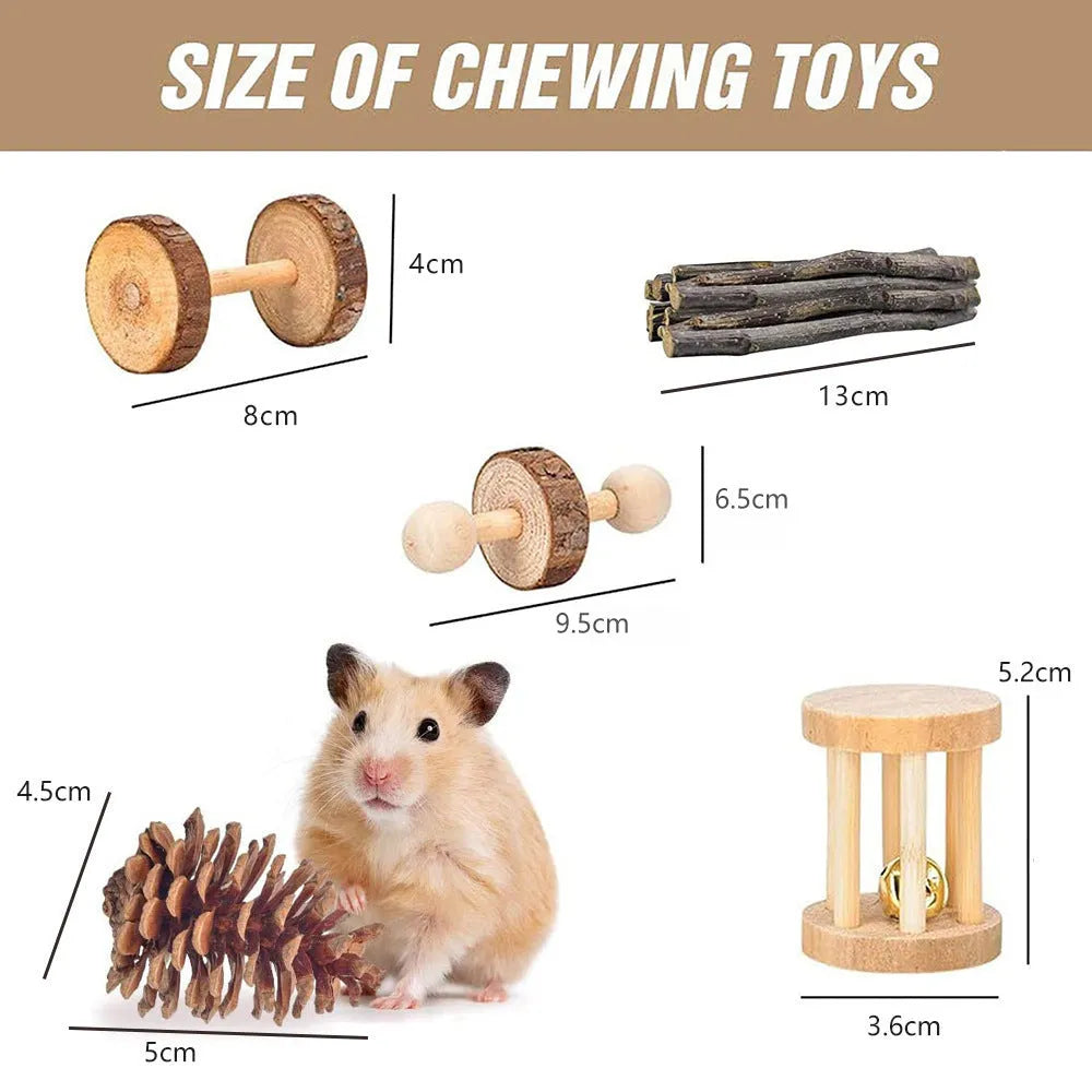 Assortment of wooden and natural fibre chewing toys for pet rabbits, guinea pigs, and parrots on a straw mat