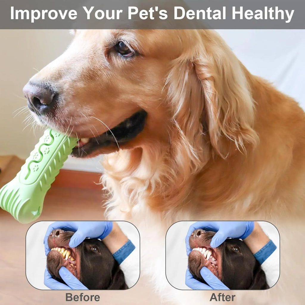Blue natural rubber bone-shaped dog chew toy with textured surface for teeth cleaning.