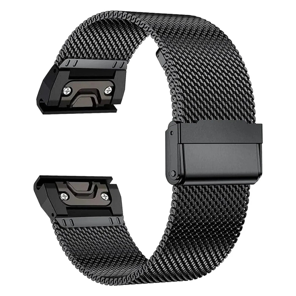 Stainless steel smartwatch strap for Garmin Fenix models in silver, black, gold, and rose gold colours