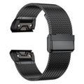 Stainless steel smartwatch strap for Garmin Fenix models in silver, black, gold, and rose gold colours