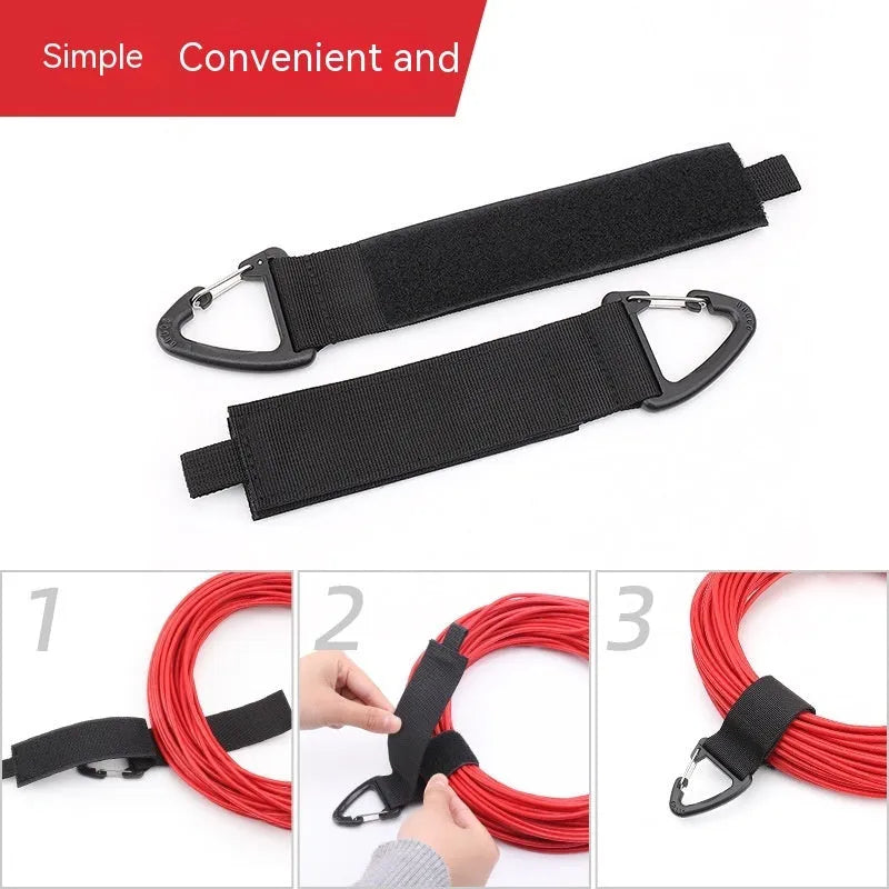 Black gravity strap with climbing button carabiner for storage organisation in three available sizes