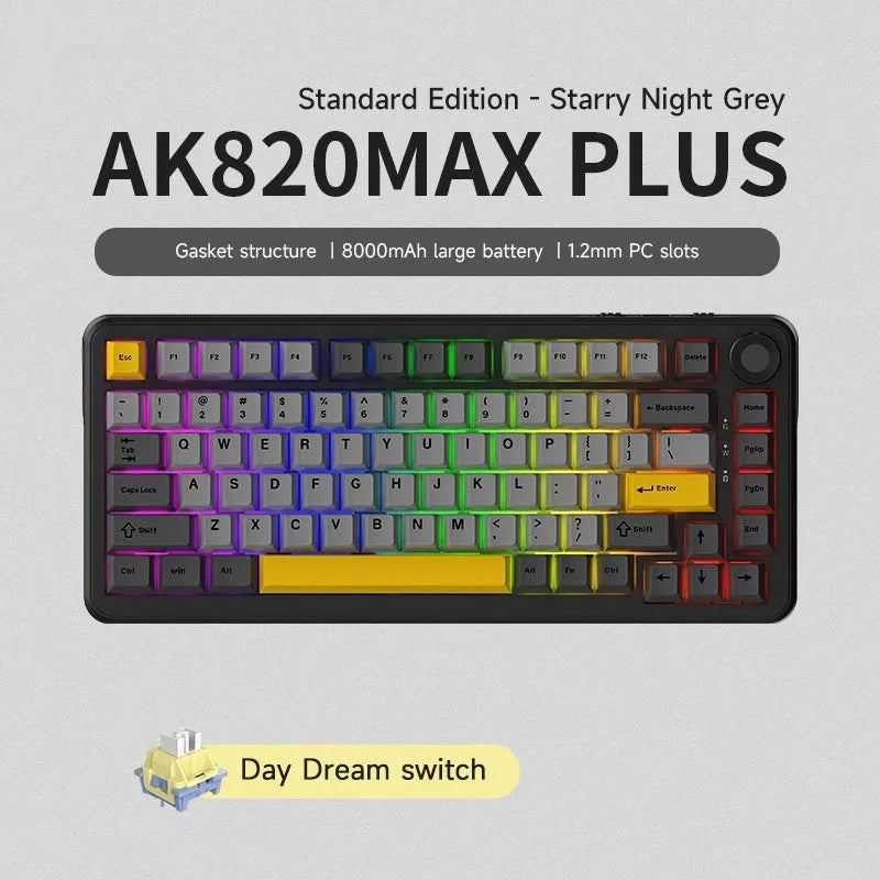 Three-mode mechanical keyboard with hot-swappable design in black grey yellow colour options