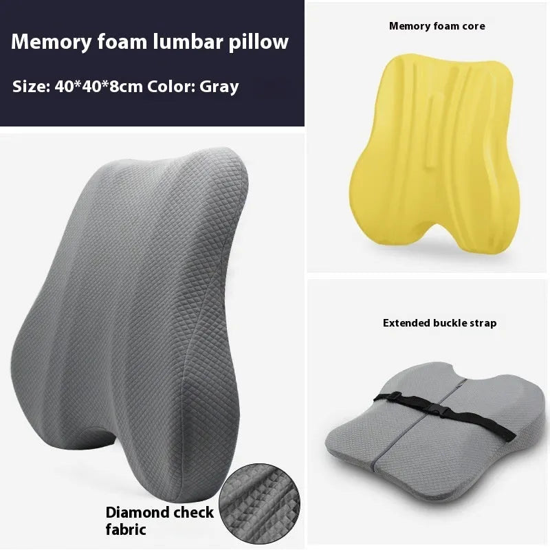 Grey contoured lumbar support cushion for office chair, shown next to navy blue and pink colour options.