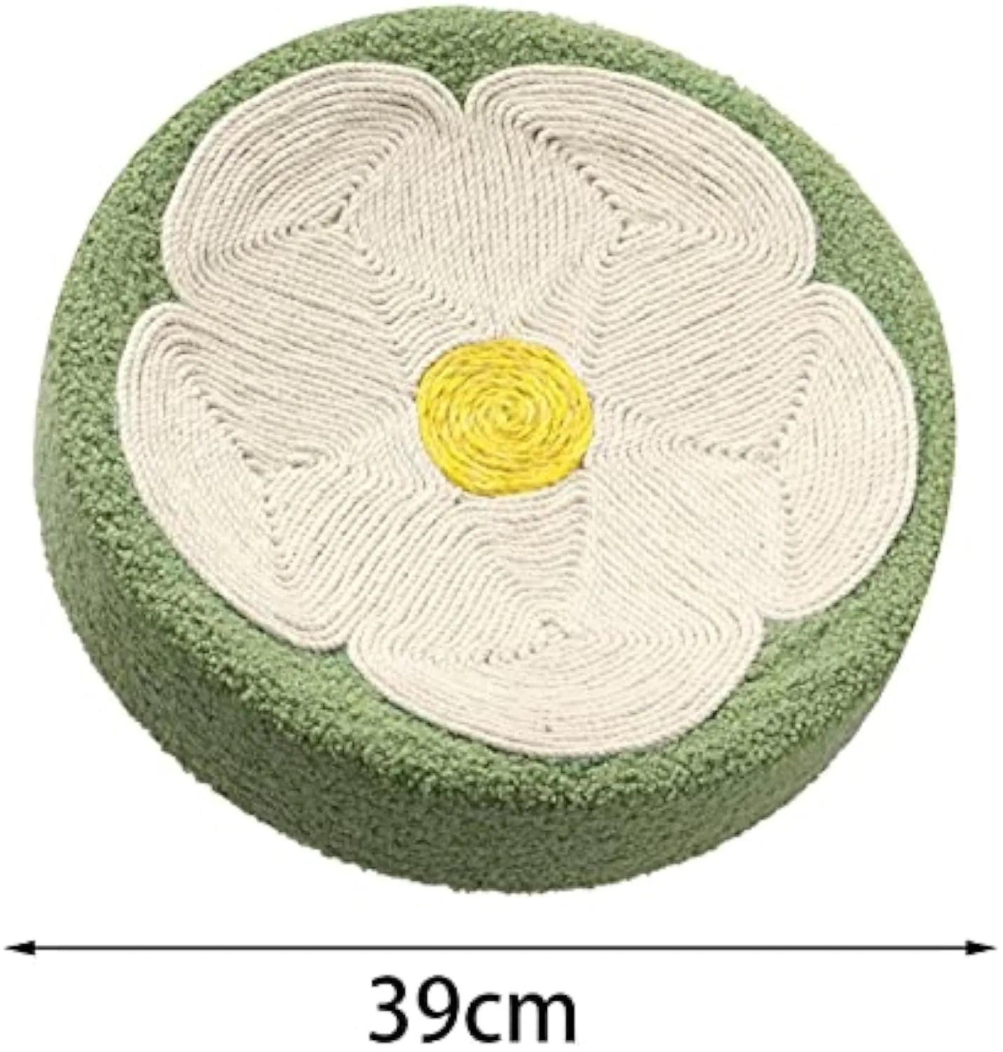 Green round sisal cat scratcher bowl lounge bed for kittens on a floor.