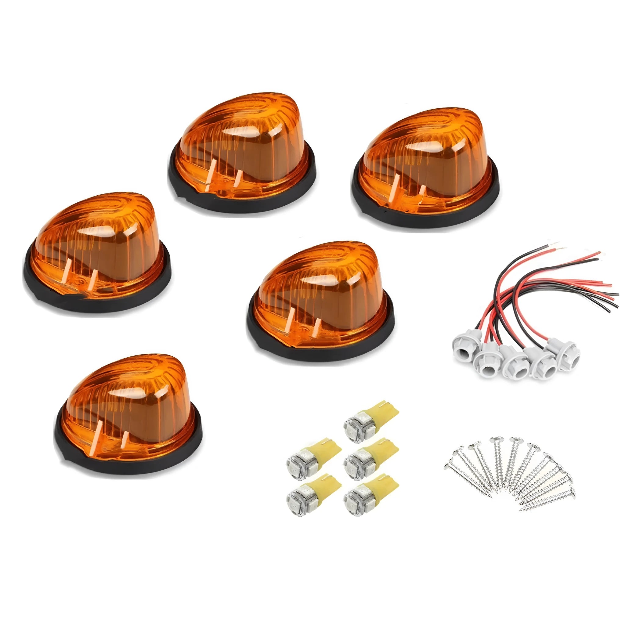 Five yellow LED roof cab marker lights for trucks with bases, bulbs, screws, and wiring sockets.