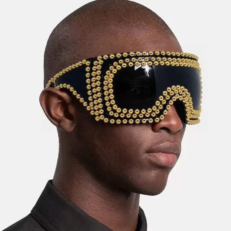 Men's punk sunglasses with large square frames and rivet detailing in silver or gold